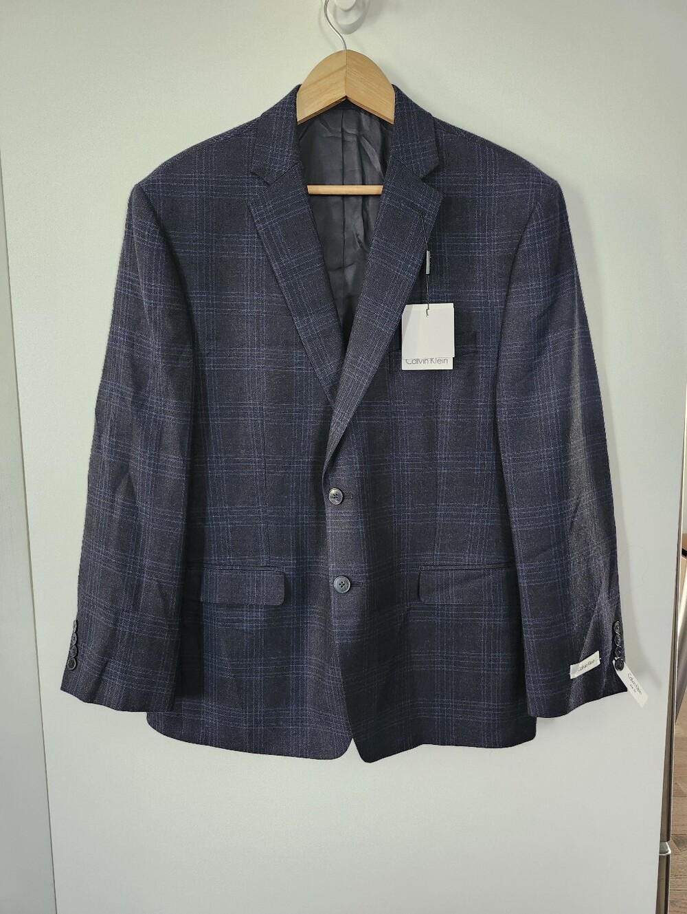 CALVIN KLEIN 100% Size 44 Short‎ Slim Fit Wool Navy Glen Plaid Jacket Blazer NWT